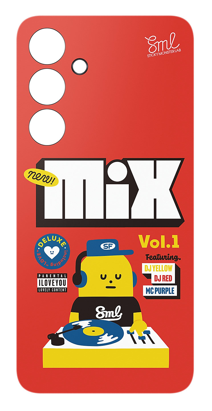 Etui na telefon z postacią DJ z kreskówki i tekstem 'MIX'. Czerwone tło. Z DJ Yellow, DJ Red i MC Purple.