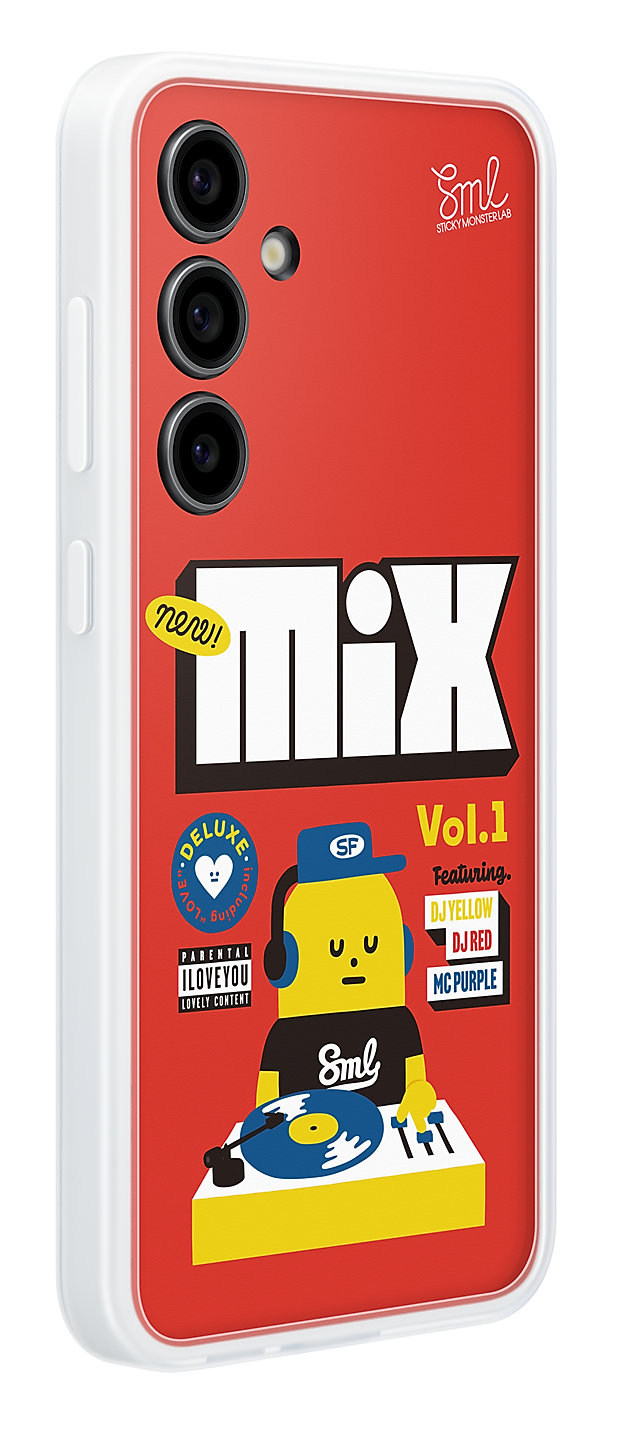 Etui na telefon z czerwonym tłem. Zawiera kreskówkowego DJ-a i słowo MIX. Biała ramka.