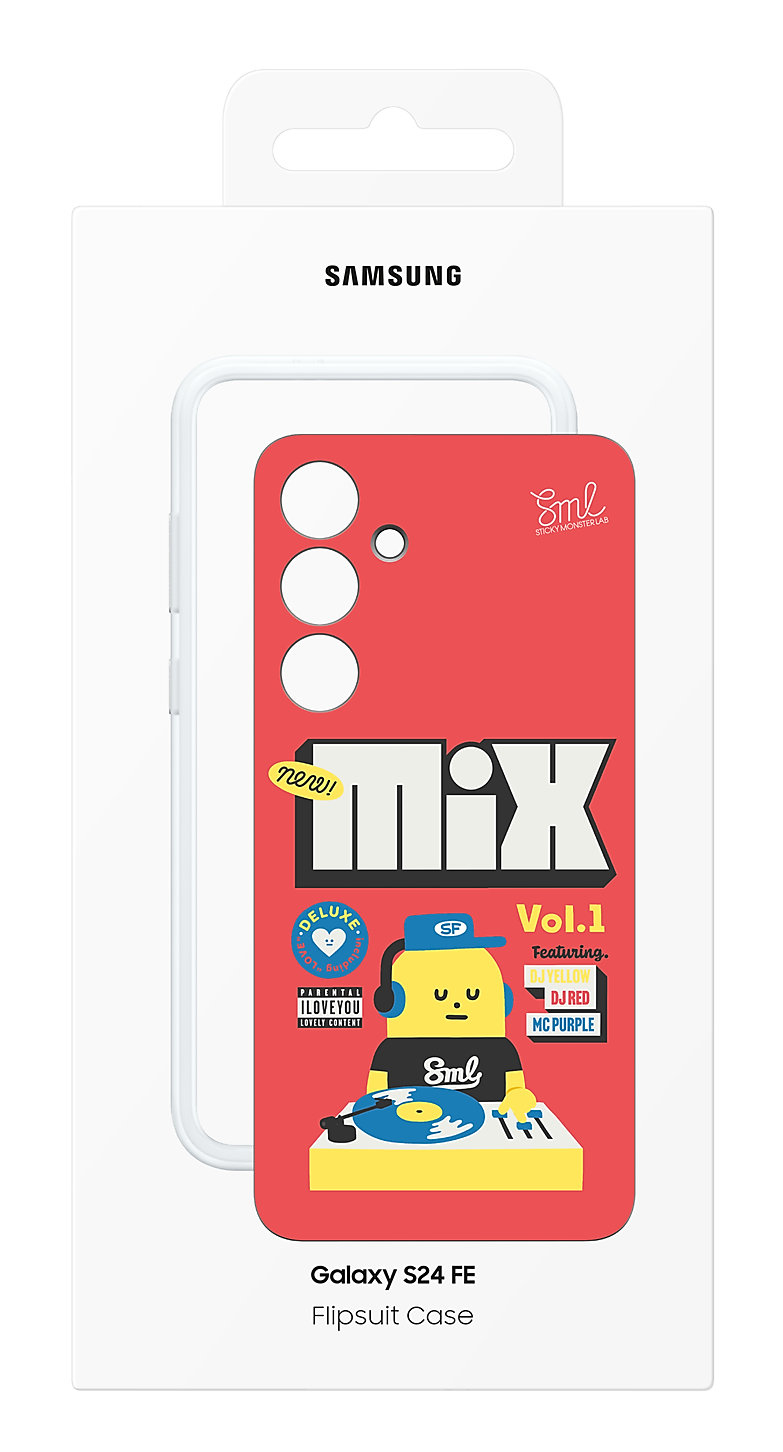 Opakowanie etui Flipsuit Samsung Galaxy S24 FE. Czerwony design z odniesieniami do DJ-a i muzyki.