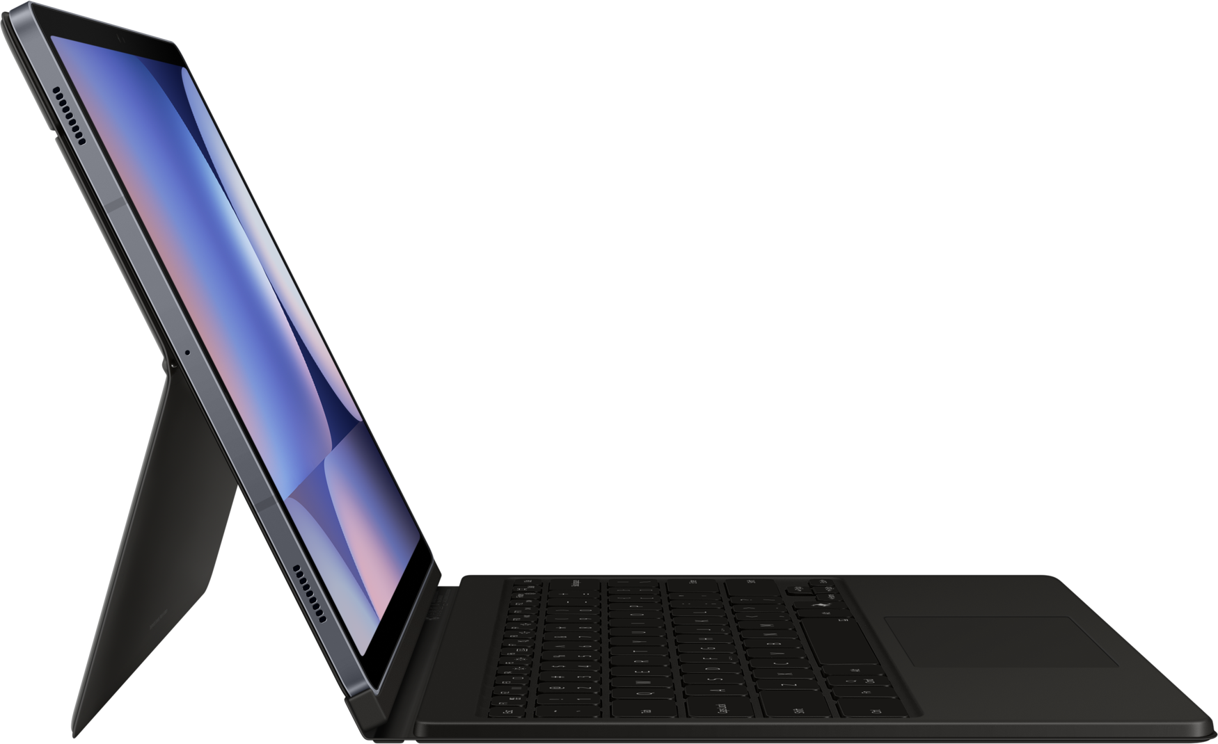Tablet con tastiera collegata, angolata. Lo schermo mostra una sfumatura blu e viola.
