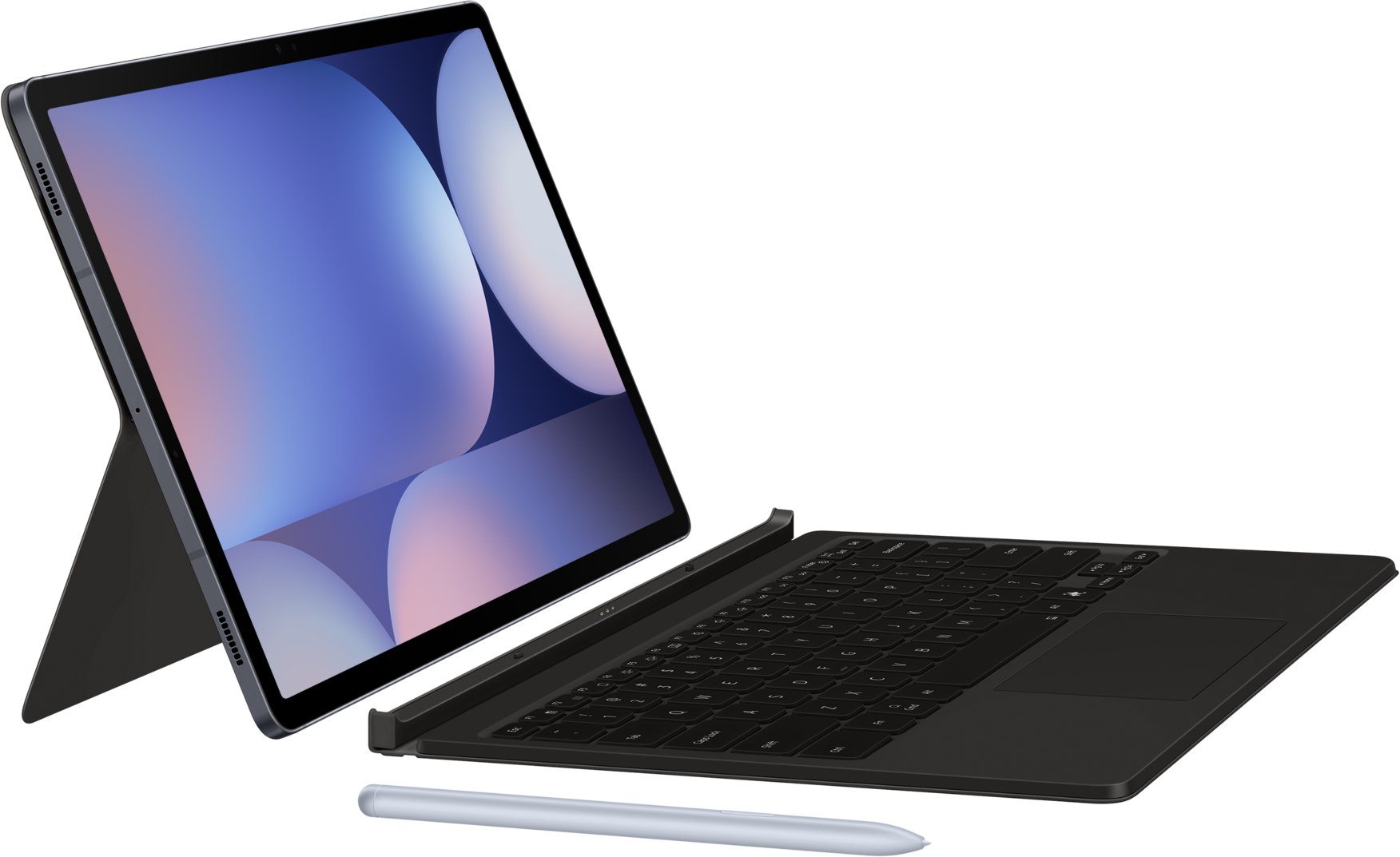 Tablet con tastiera e stilo. Il tablet ha uno schermo blu e bianco. La tastiera è nera.