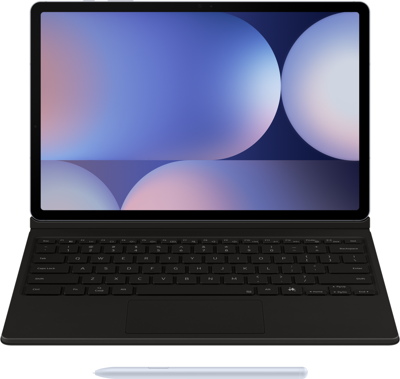 Un tablet con tastiera collegata, su una superficie bianca. Uno stilo sotto.