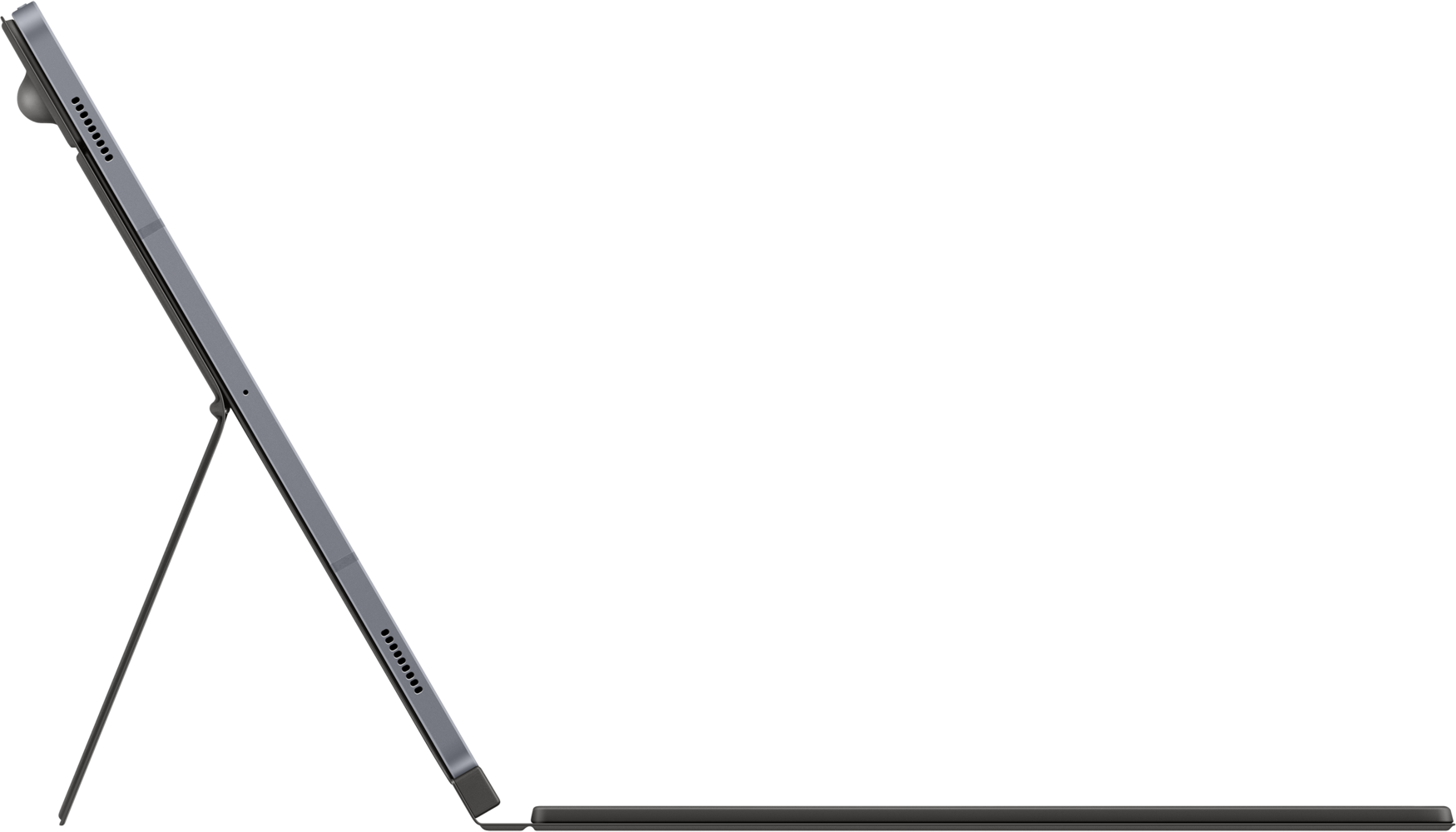 Tablet con tastiera, vista angolata, colore nero, su sfondo scuro.