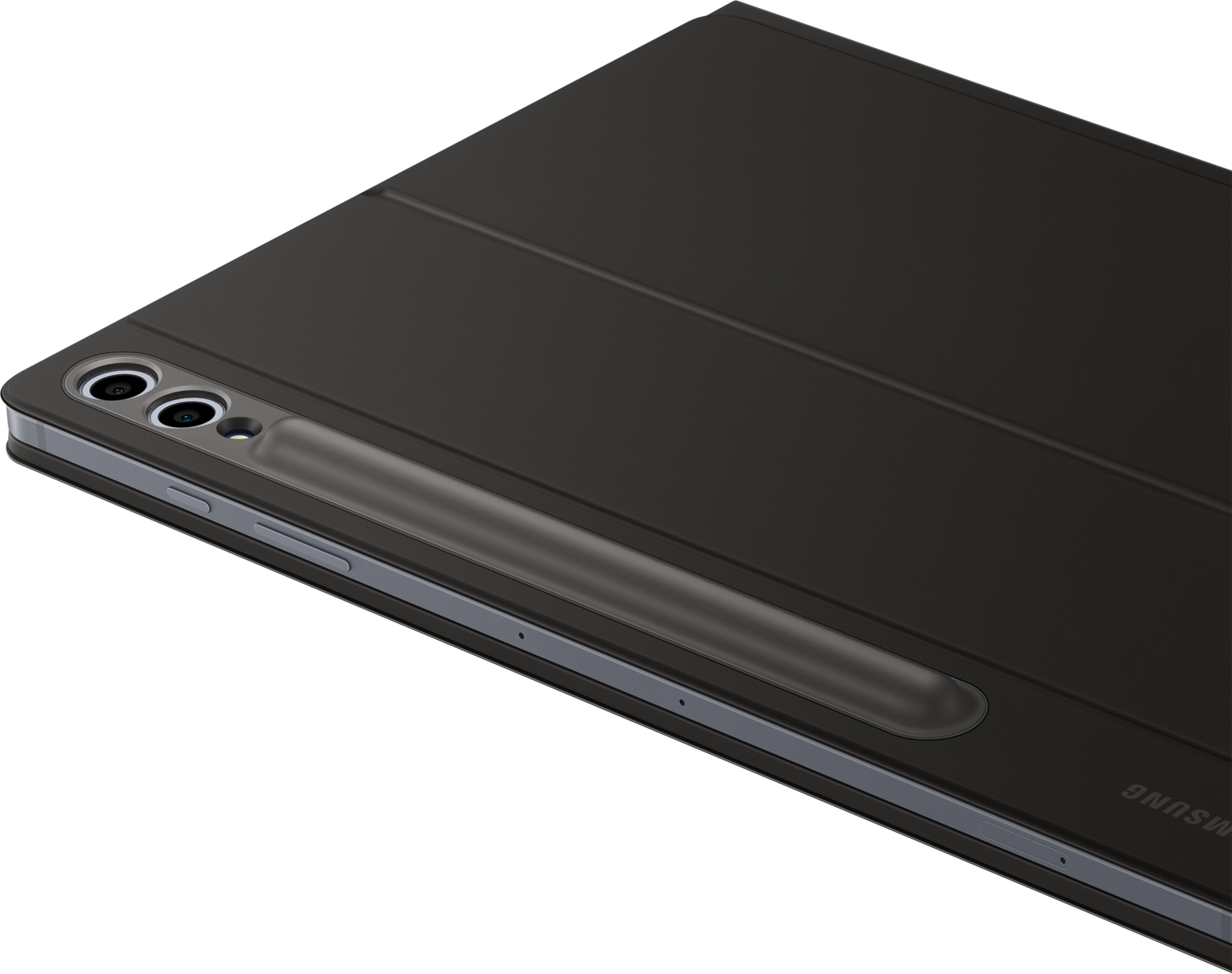 Un tablet grigio scuro con slot per penna e fotocamera. Il lato ha pulsanti ed è argentato.