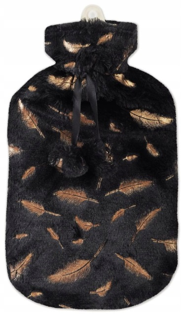 Czarny termofor ze złotym wzorem piór i czarną, puszystą osłoną.