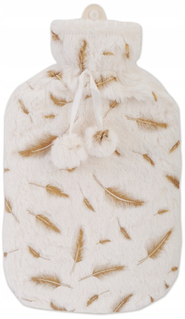 Biała termofor z złotymi piórami. Ma puszystą teksturę i pompony.