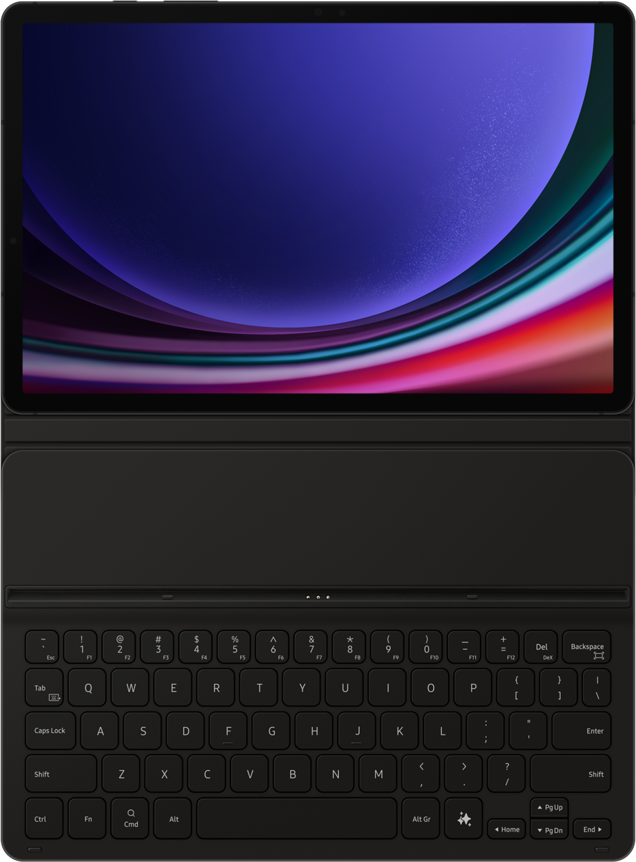 Tablette avec clavier attaché. L'écran affiche des lignes colorées et fluides. Le clavier est noir avec des lettres et symboles blancs.