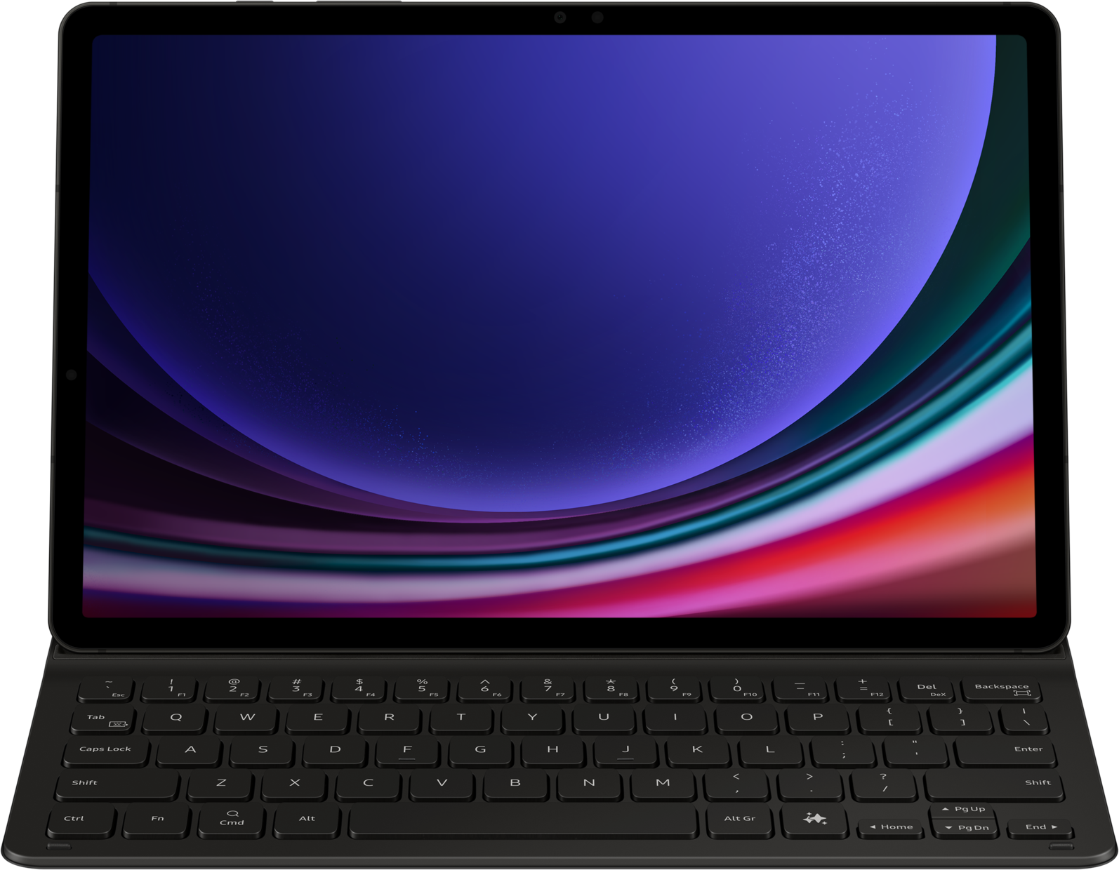 Tablette avec clavier attaché. L'écran affiche un design abstrait coloré. Le clavier est noir.