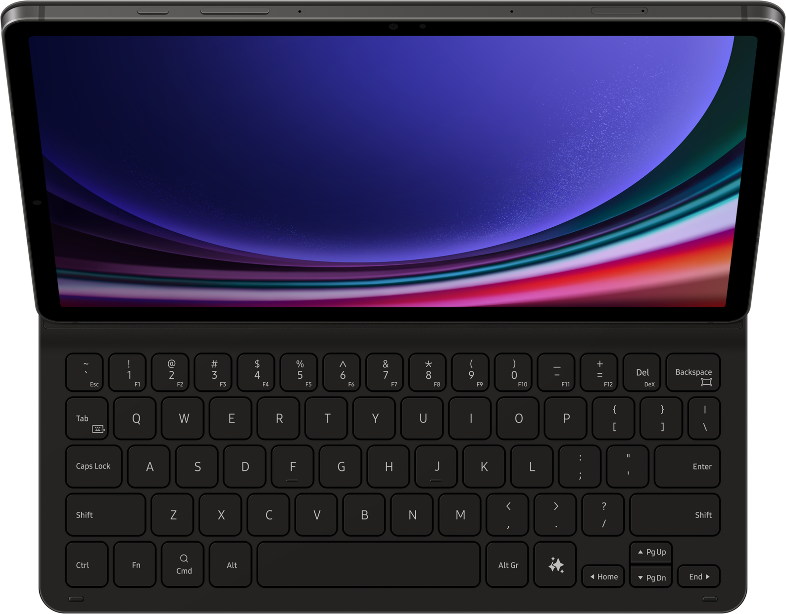 Tablette avec clavier attaché. L'écran affiche un design abstrait coloré. Le clavier est noir avec des lettres et symboles blancs.