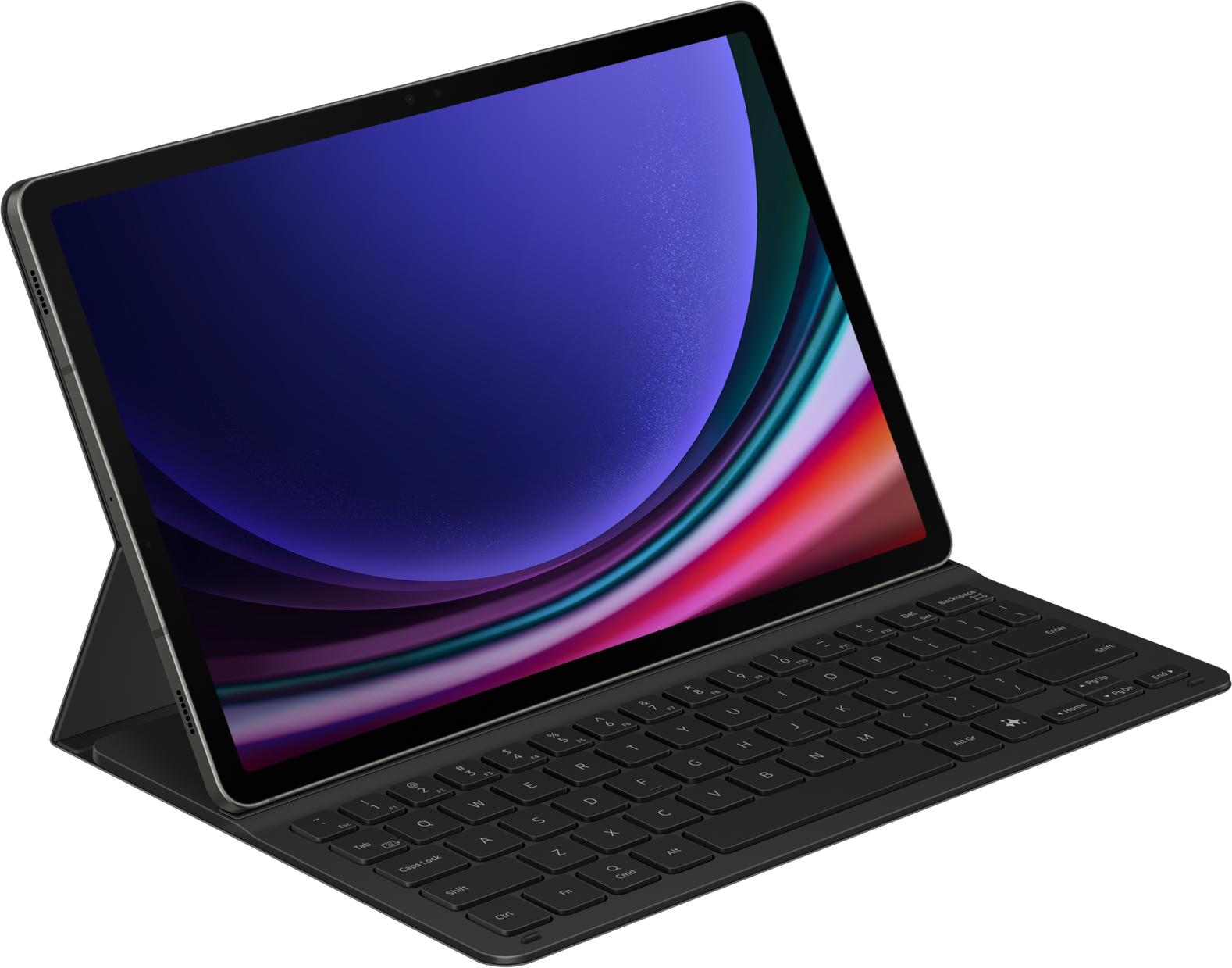 Tablette avec un clavier attaché. L'écran affiche un design abstrait coloré. Le clavier est noir.