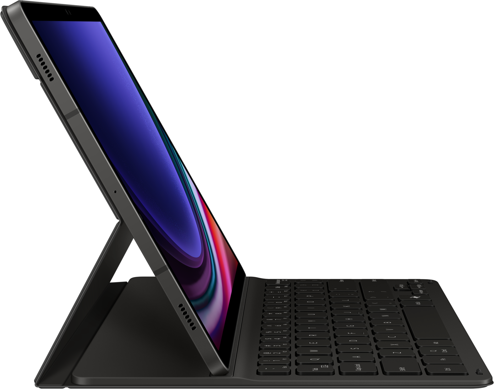 Tablette avec clavier. L'écran affiche des couleurs bleu et rouge. Le clavier est noir.