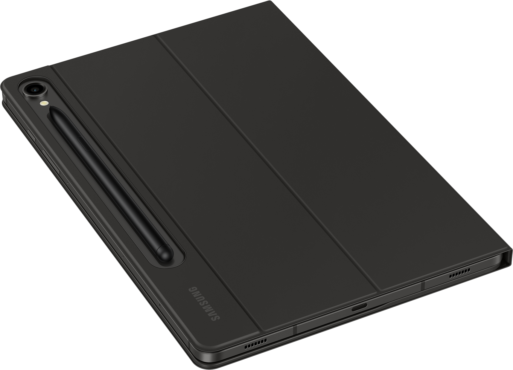 Tablette noire avec étui et stylet noirs. Le logo Samsung est visible. La tablette est sur fond noir.