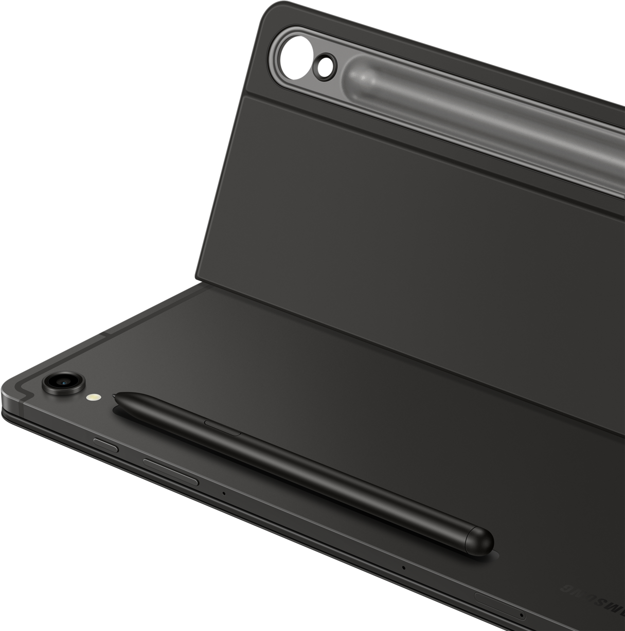 Tablette noire avec stylet et étui. L'étui a une fixation magnétique. La tablette a une caméra à l'arrière.