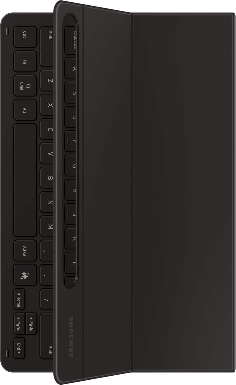 Étui clavier de tablette Samsung noir. Il a des touches et un couvercle. Le logo Samsung est sur le côté droit de l'étui.