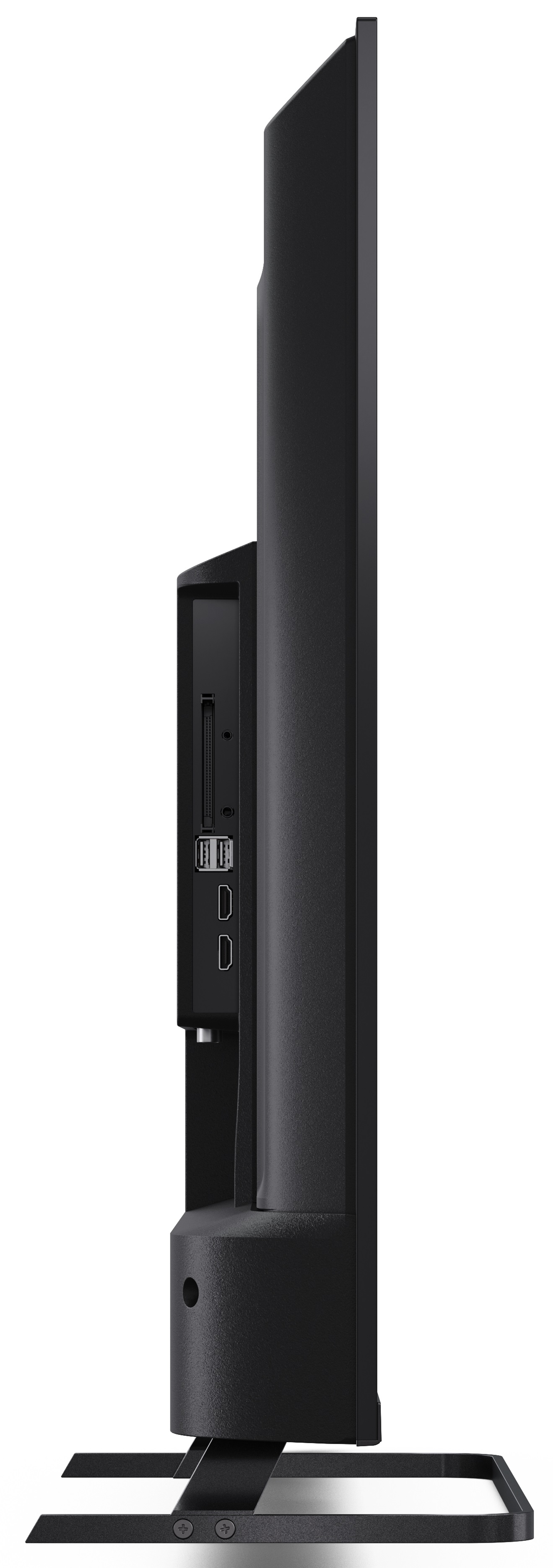 Profil boczny czarnego telewizora na stojaku. Widoczne porty i połączenia. Czarne tło.