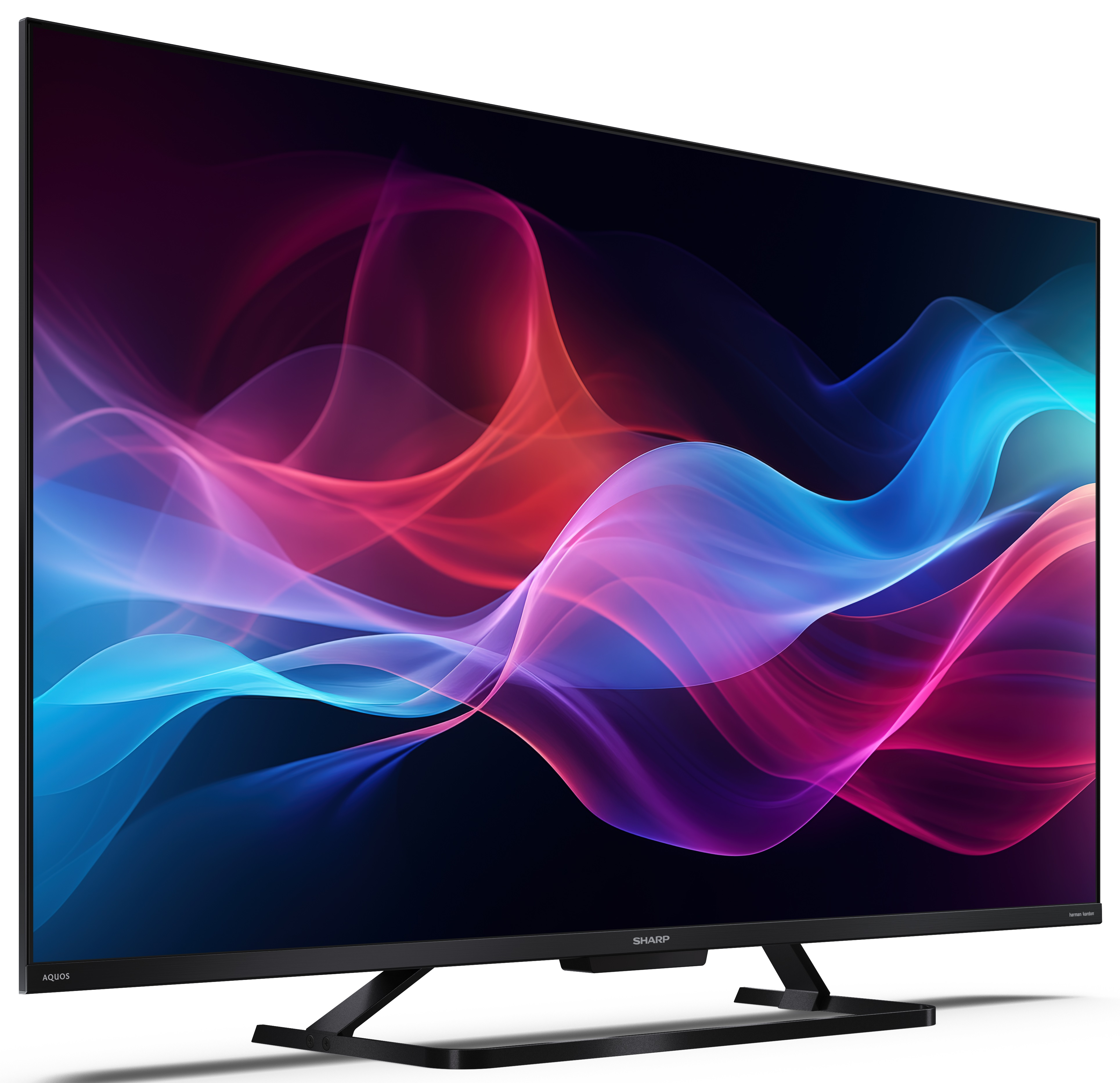 Telewizor Sharp wyświetla kolorowe, faliste linie w kolorach czerwonym, różowym i niebieskim.