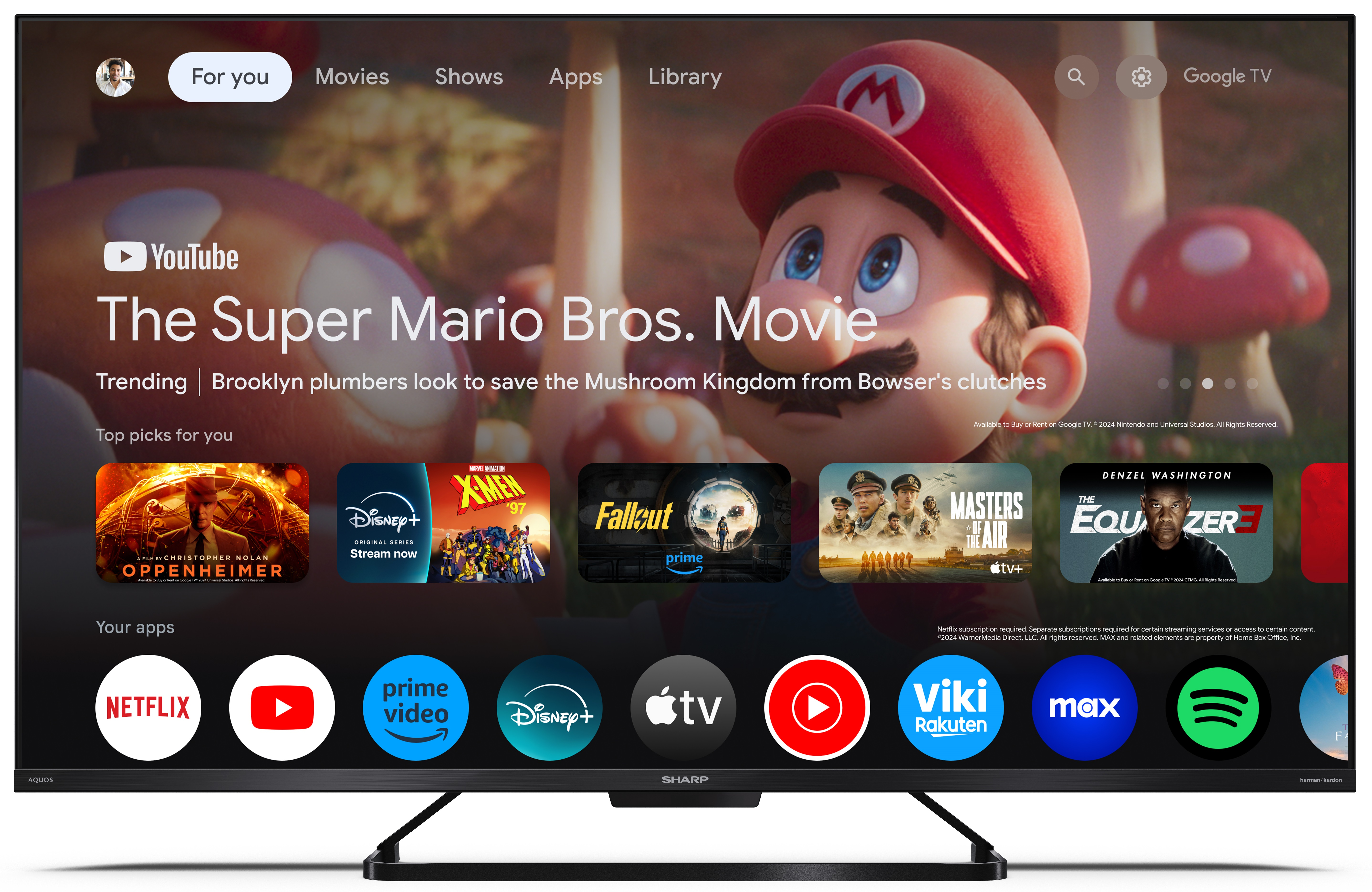 Ekran Smart TV wyświetlający interfejs usługi strumieniowania filmów z grafiką Mario.