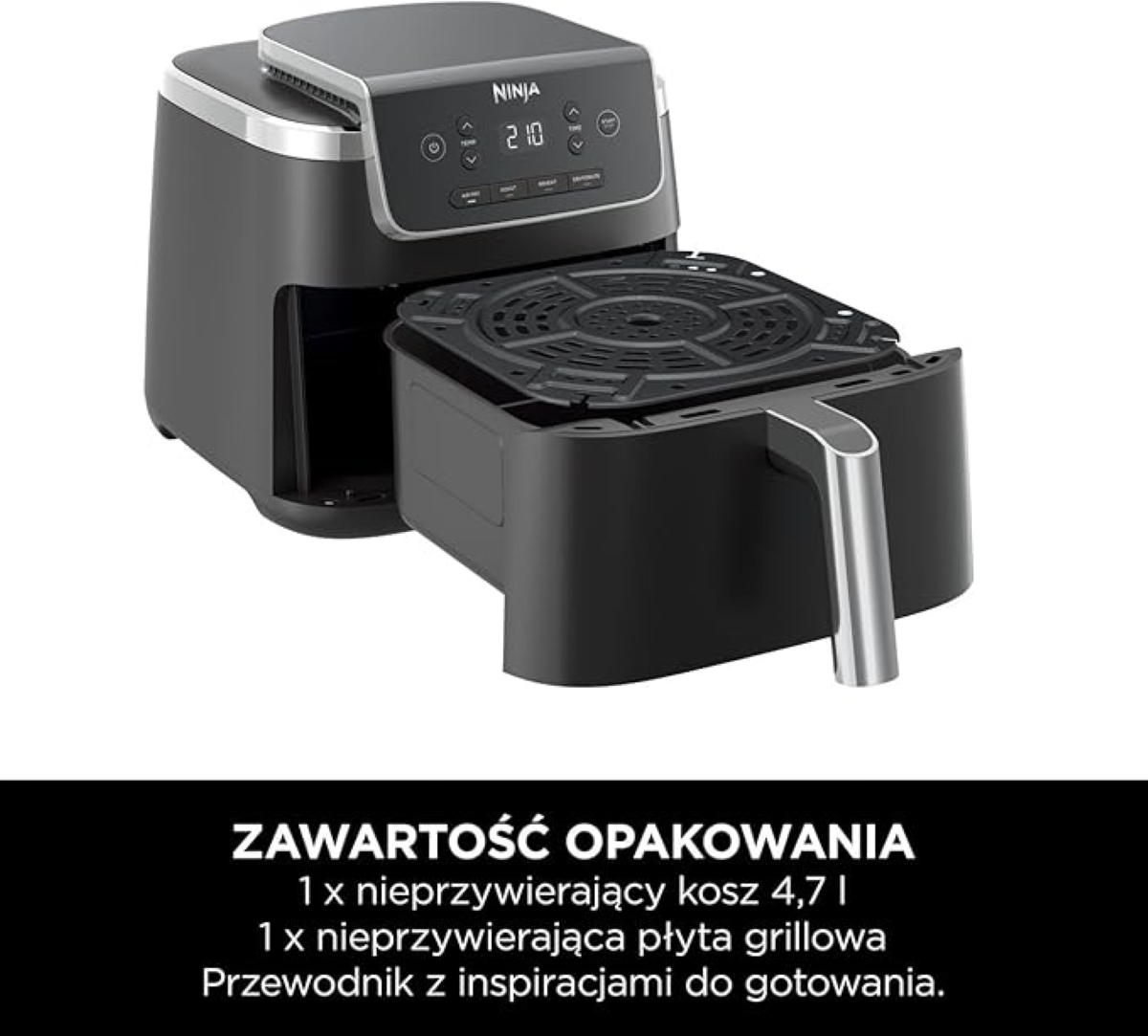 Frytownica powietrzna z czarnym korpusem. Pokazano zawartość opakowania i płytę grillową.