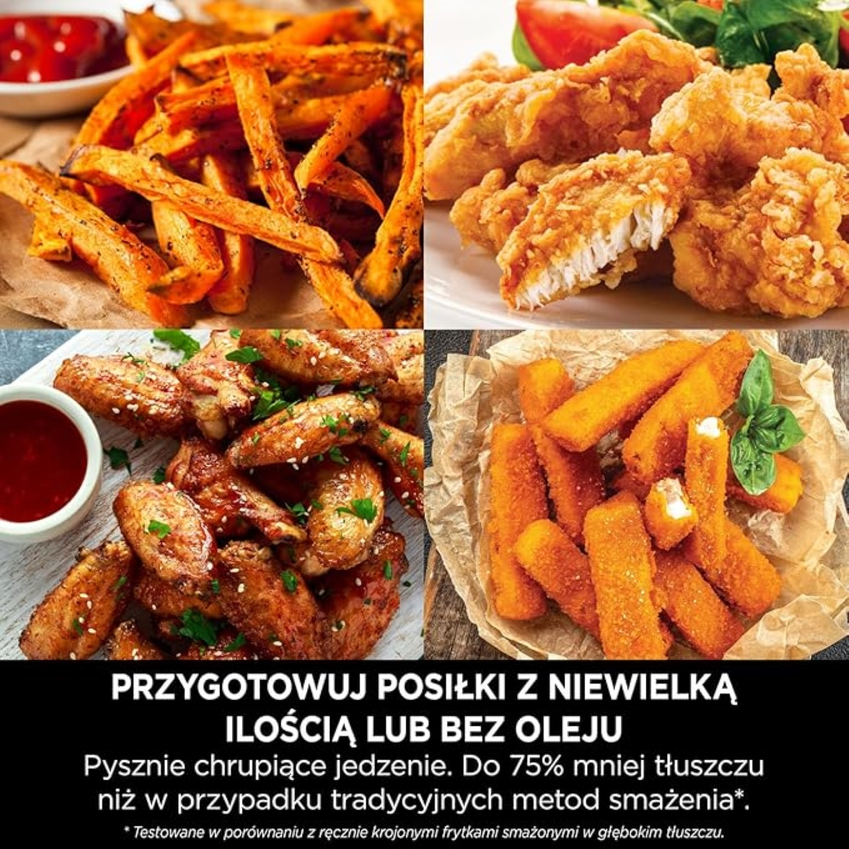 Kolaż smażonych potraw: frytki, nuggetsy z kurczaka, skrzydełka z kurczaka i paluszki mozzarelli.