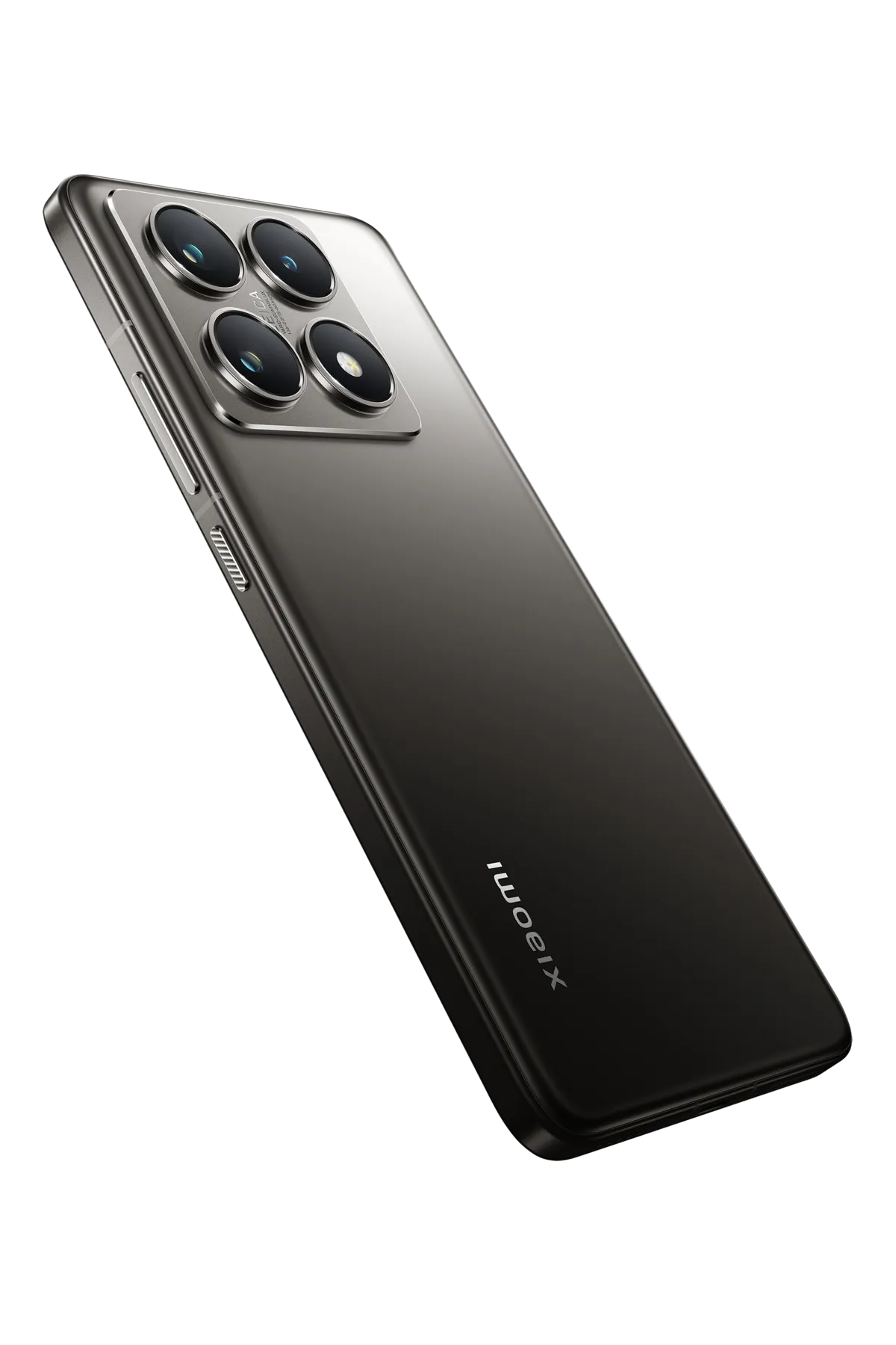 Siyah akıllı telefon. Arkada çoklu kameralar. Xiaomi logosu görünür.