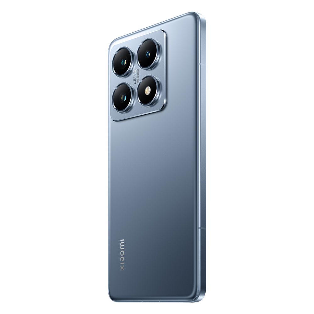 Dört arka kamerası ve Xiaomi logosu olan mavi bir akıllı telefon.