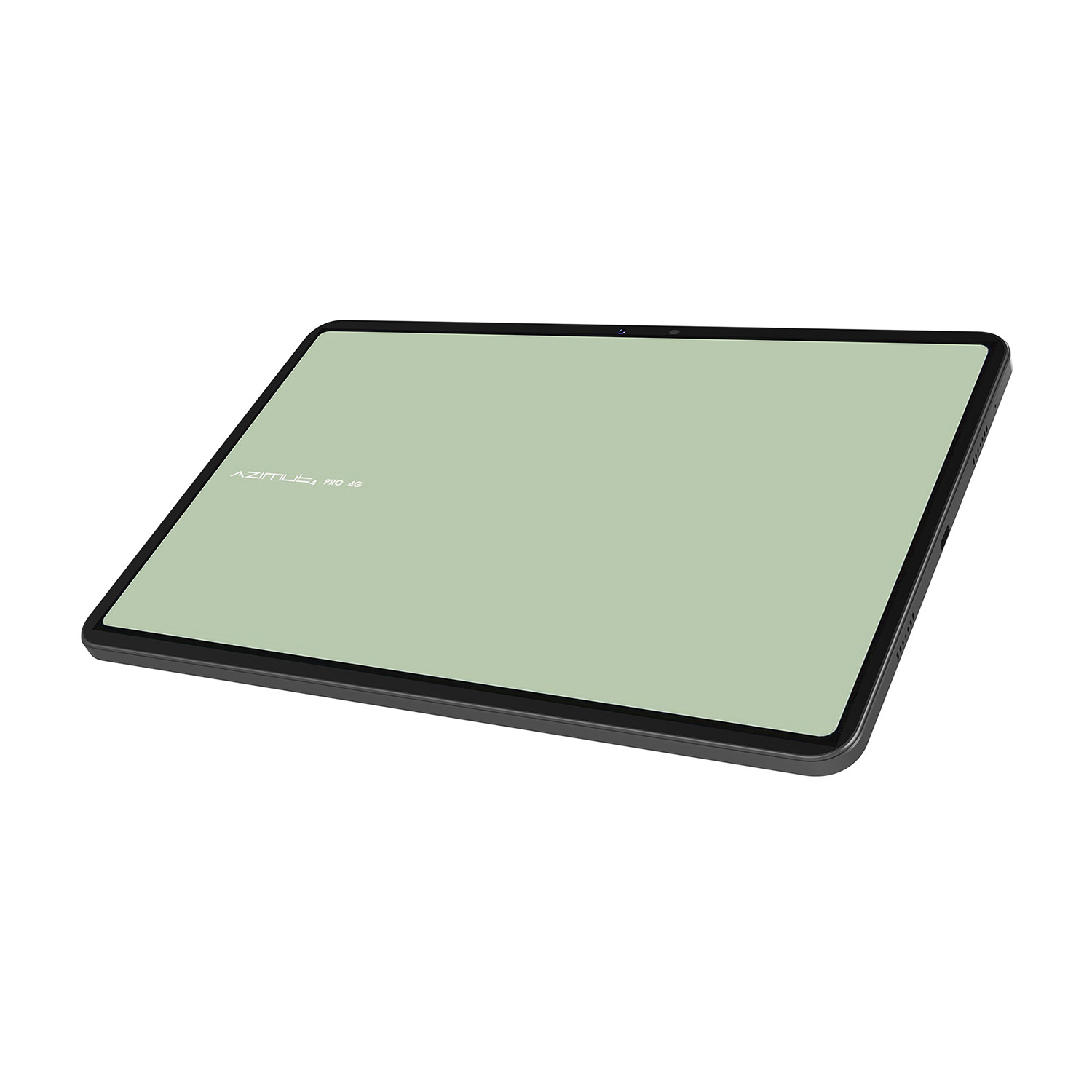 Tablet con schermo verde chiaro su una superficie chiara. Il tablet è di colore scuro.