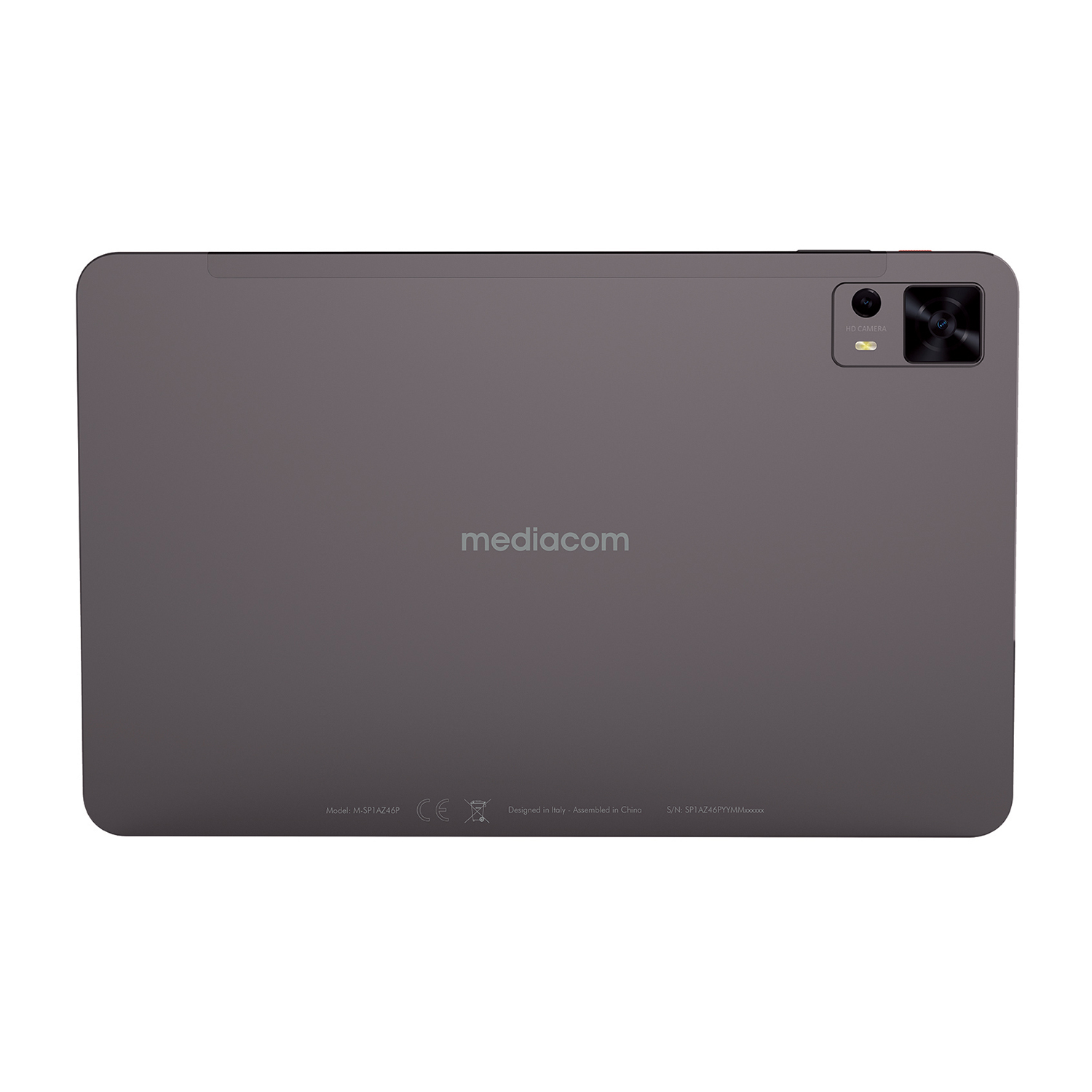 Vista posteriore di un tablet grigio con fotocamera e la parola 'mediacom'.