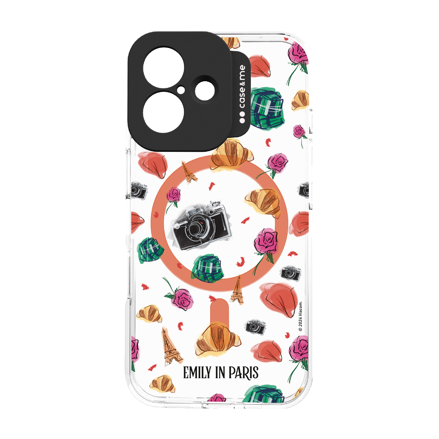 Custodia trasparente per telefono con illustrazioni a tema Parigi: croissant, rose, fotocamera e Torre Eiffel.