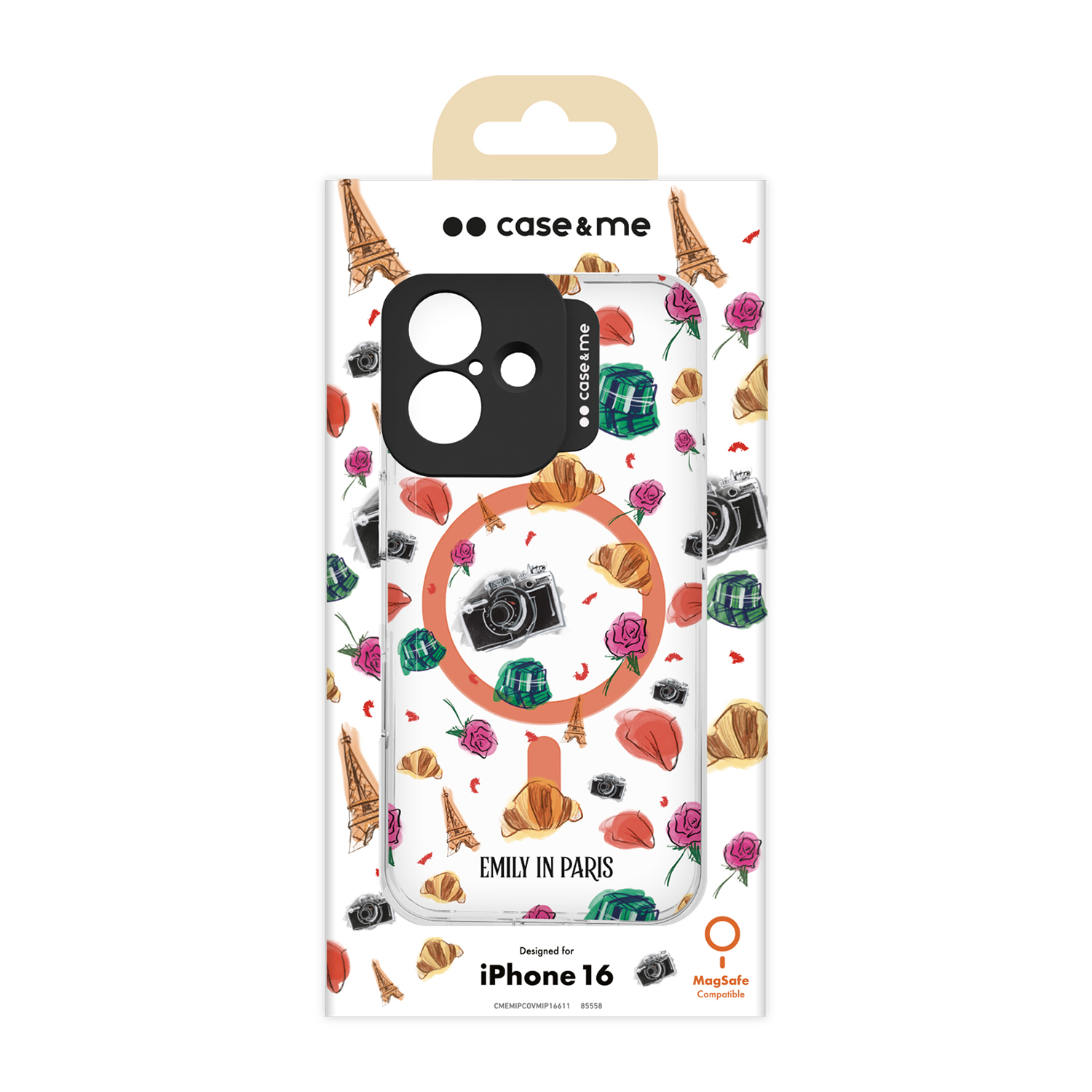 Confezione della custodia del telefono che mostra il design. Presenta Torre Eiffel, fotocamera, croissant e rose.