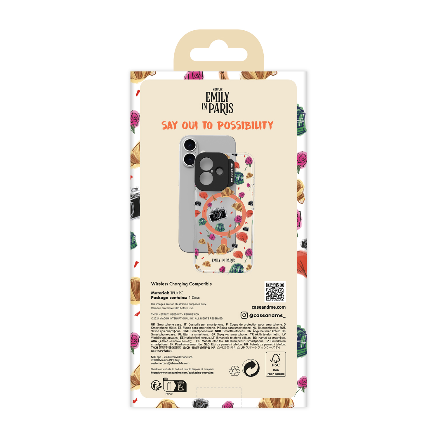 Custodia per telefono in una scatola con design Emily in Paris.