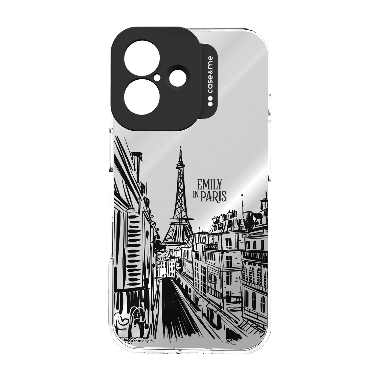 Custodia per telefono con disegno di una scena di strada parigina. La Torre Eiffel è in evidenza.