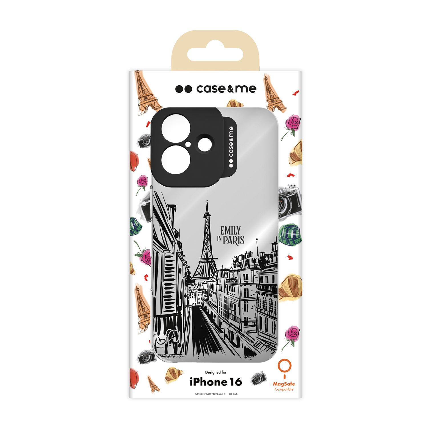 Scatola per custodia del telefono con design Torre Eiffel e testo 'Emily in Paris'.