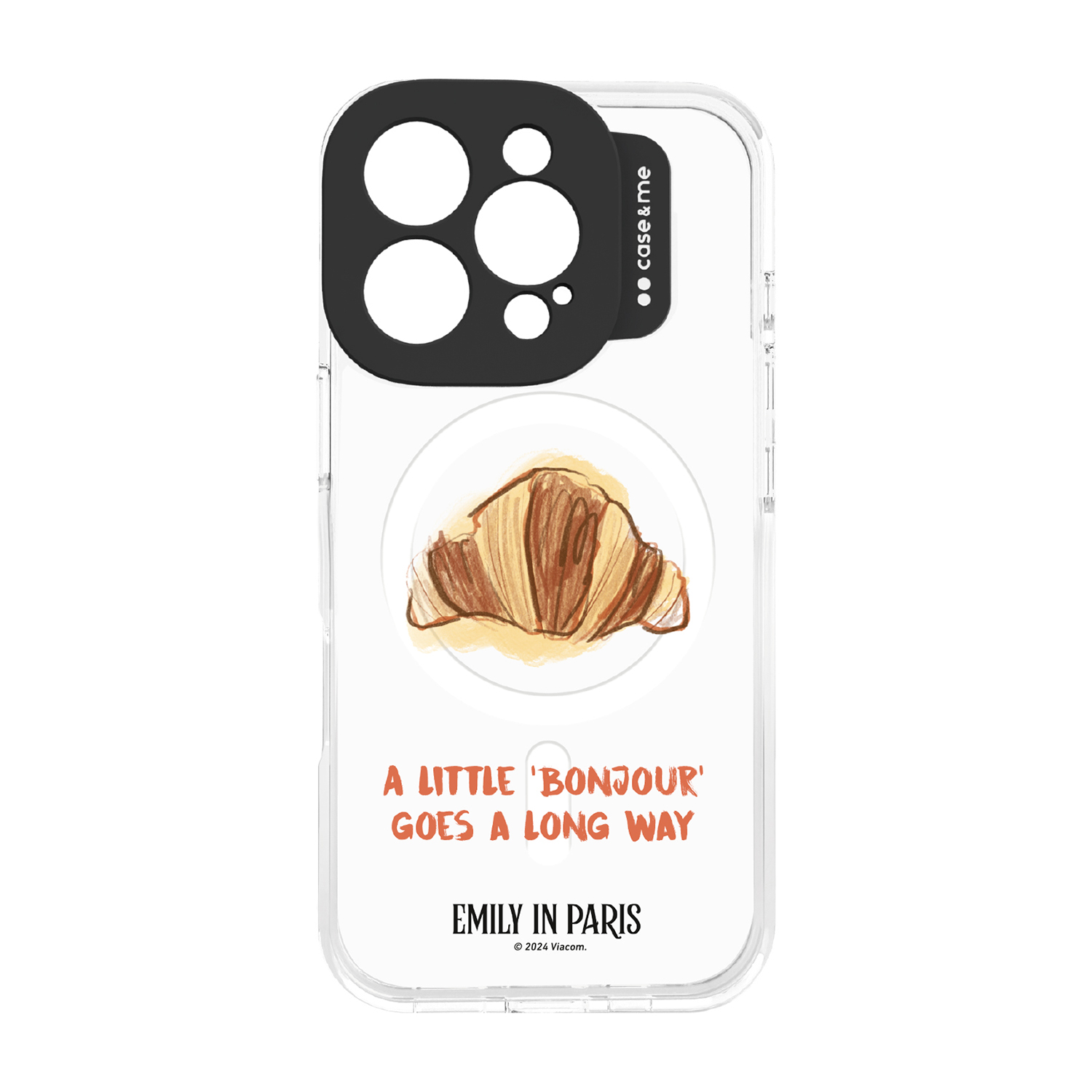 Custodia per telefono con disegno di croissant e testo 'A little bonjour goes a long way'.