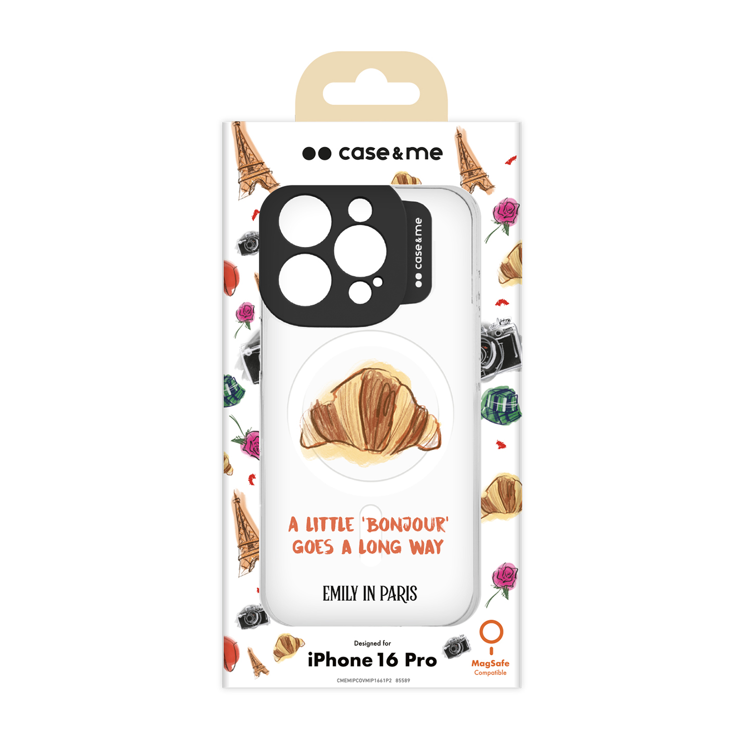 Una scatola per custodia del telefono con un design a croissant e le parole 'A Little Bonjour Goes a Long Way'.