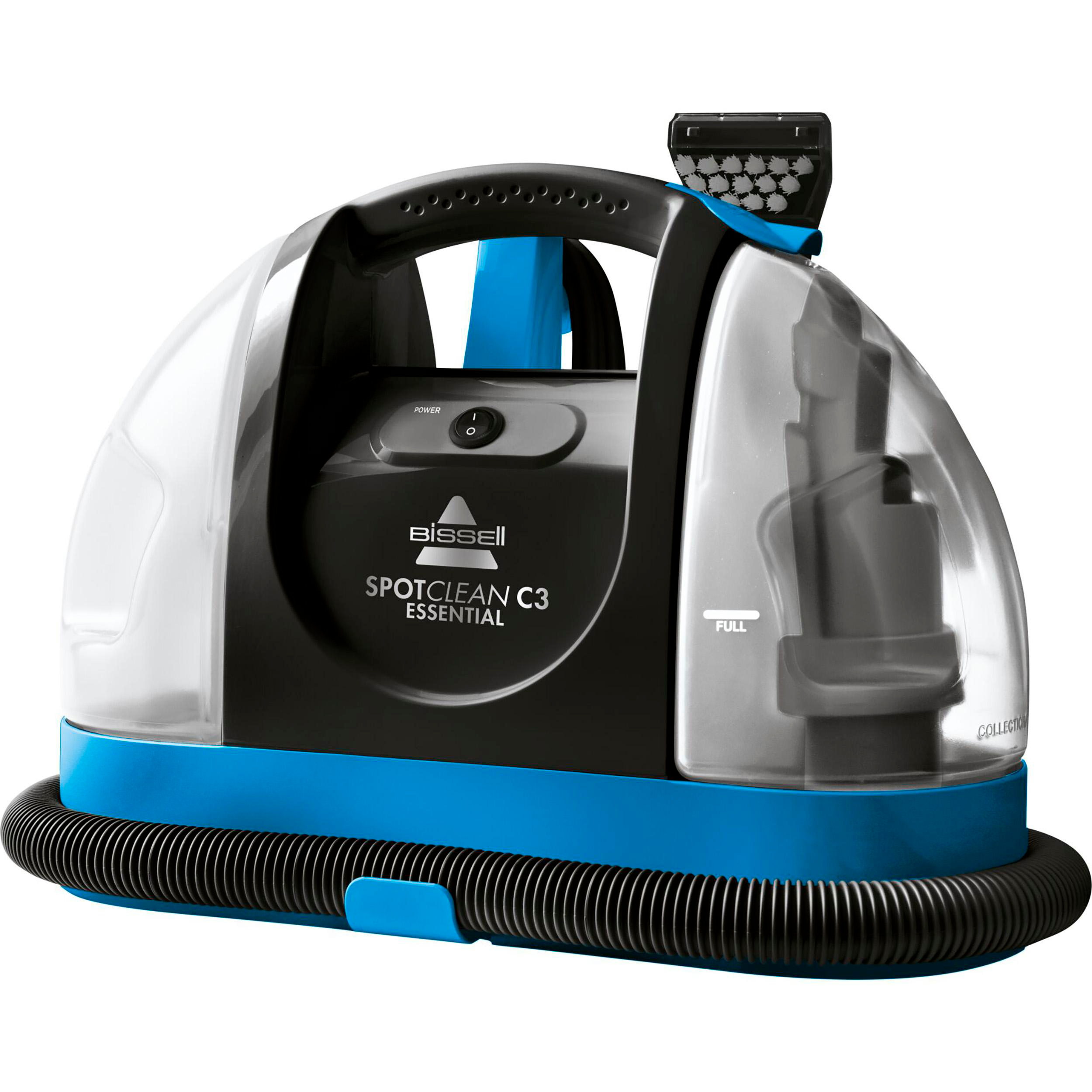 Blauer und schwarzer Bissell SpotClean C3 Essential. Wasser- und Reinigungsmitteltank sichtbar.