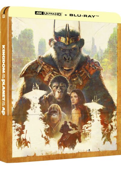 Filmcover van 'Kingdom of the Planet of the Apes' met apen en mensen.