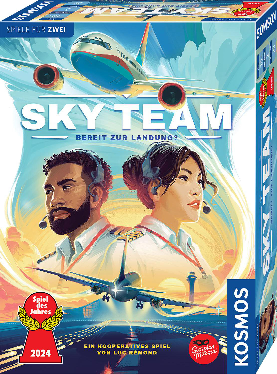 Sky Team Brettspielbox mit zwei Personen, einem Flugzeug und Text über das Spiel auf einer blauen Box.