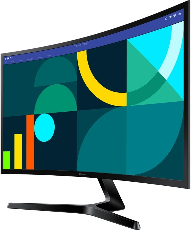 Moniteur incurvé avec des graphiques colorés. Le cadre est noir, le support aussi.