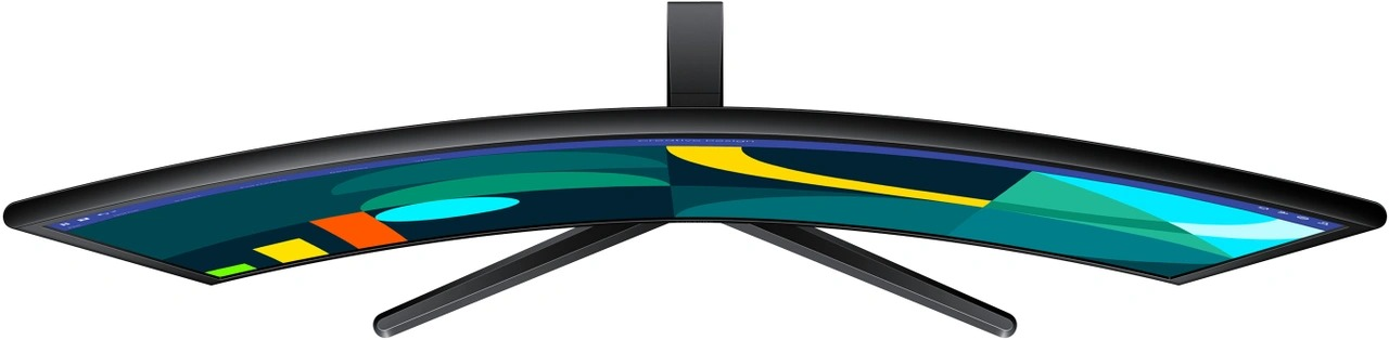 Moniteur noir incurvé avec affichage coloré et support noir, vu d'en haut.