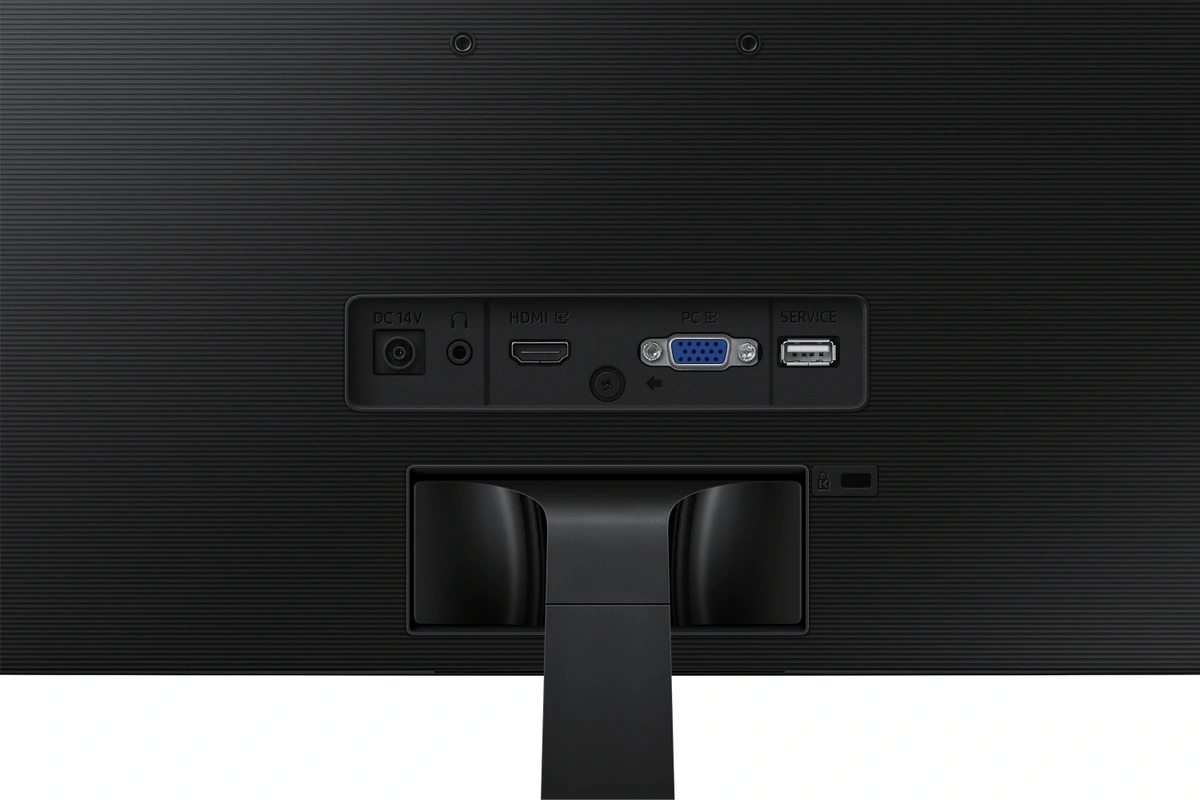 Arrière d'un moniteur avec ports et pied, le tout en noir.