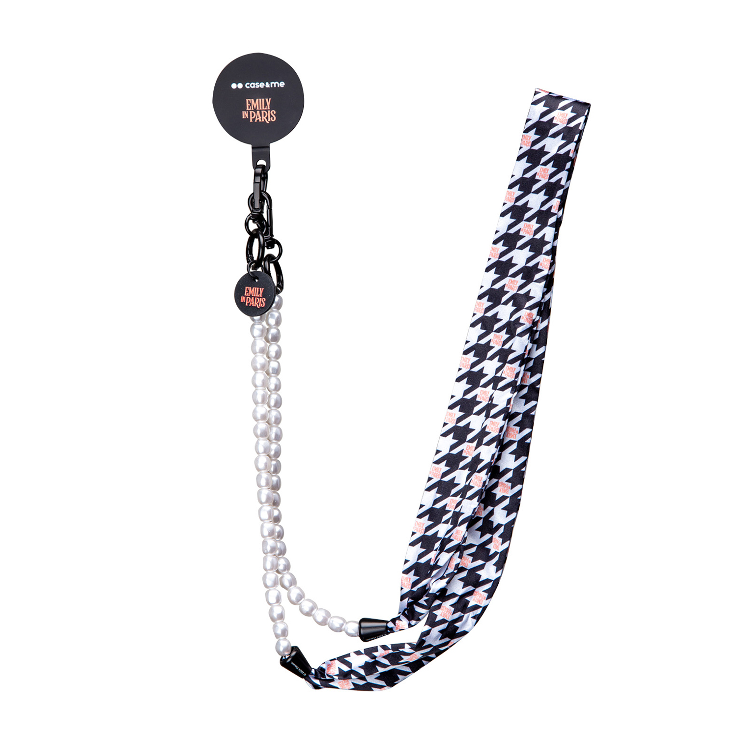 Lanyard con etichetta 'Emily in Paris', perle e motivo bianco e nero.