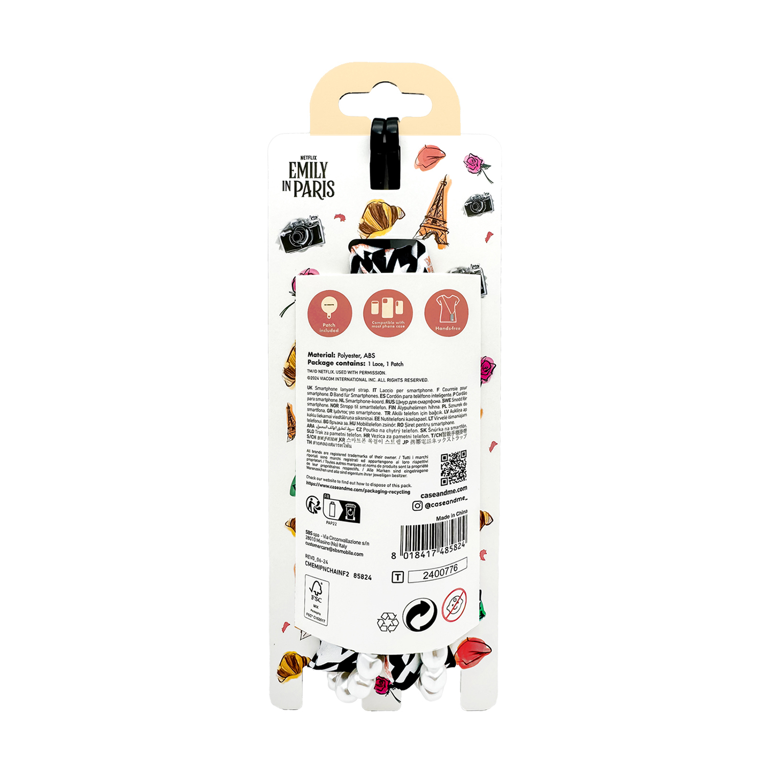 Retro della confezione del lanyard 'Emily in Paris' con dettagli.