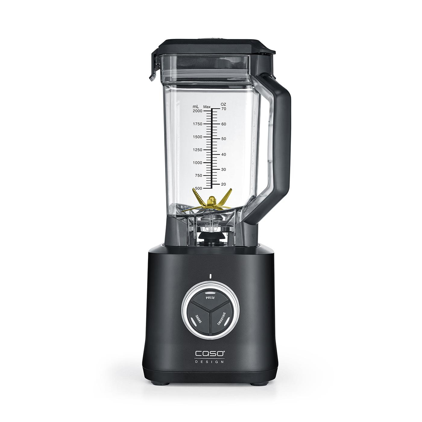 Schwarzer Mixer mit transparentem Behälter und Bedienfeld.