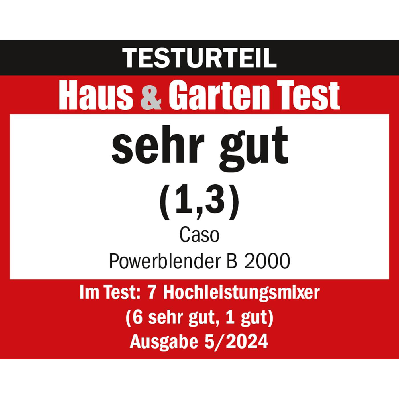 Eine Bewertung, die einen Mixer mit der Note 'sehr gut' von Haus & Garten Test zeigt.