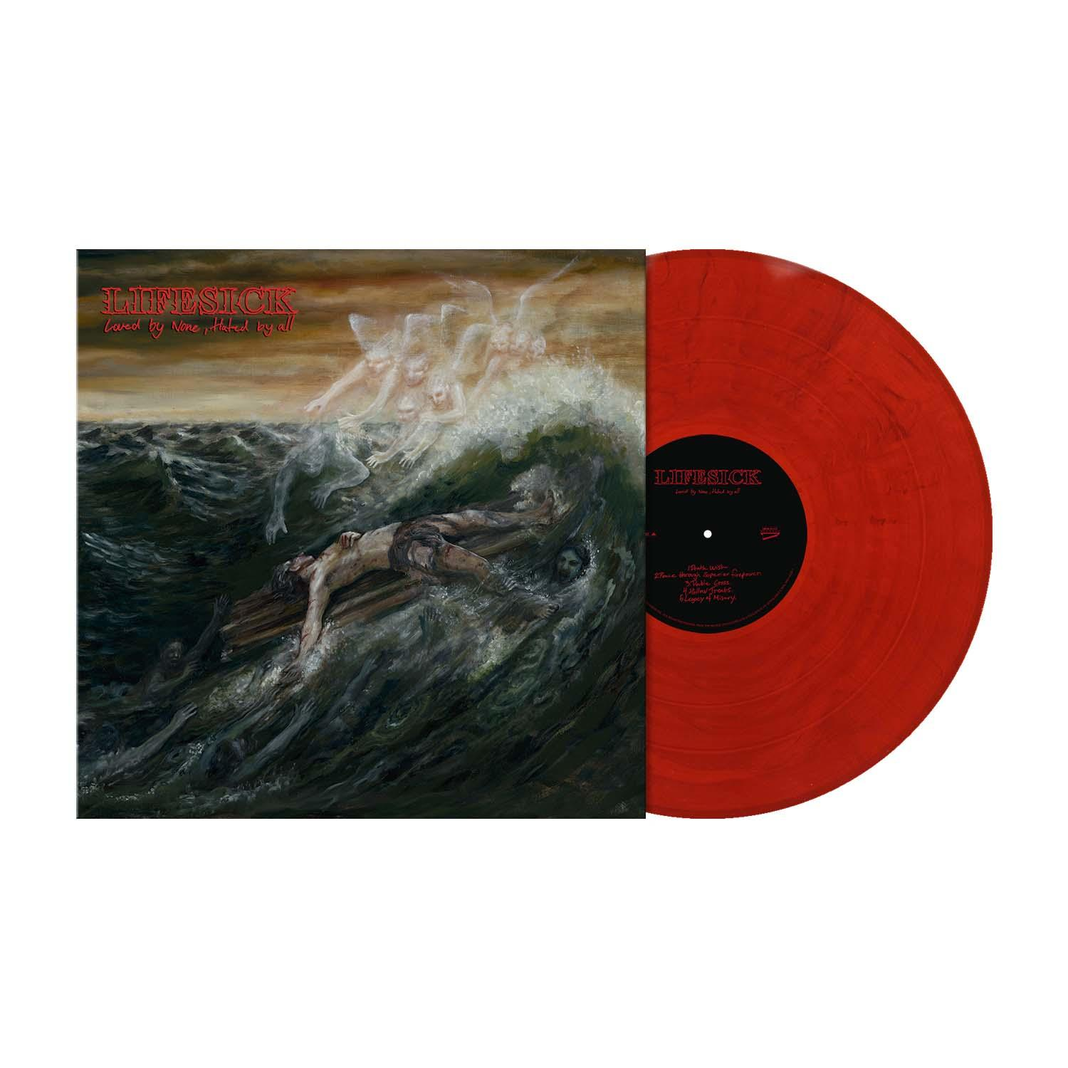 Albumcover mit einem Mann im Wasser, umgeben von Figuren. Rote Vinyl-Schallplatte.