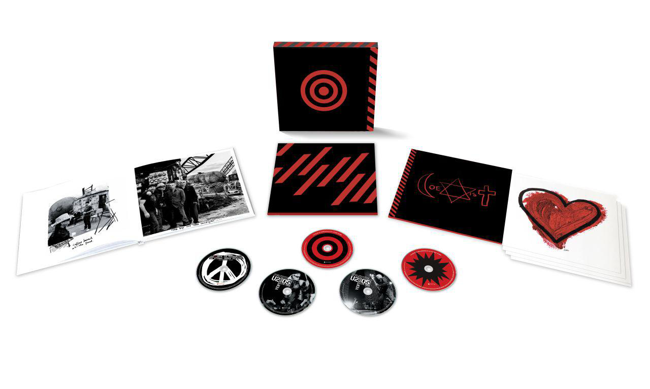 Sammlung von CD-Alben mit schwarz-roten Covern, einem roten Ziel und weißem Hintergrund.