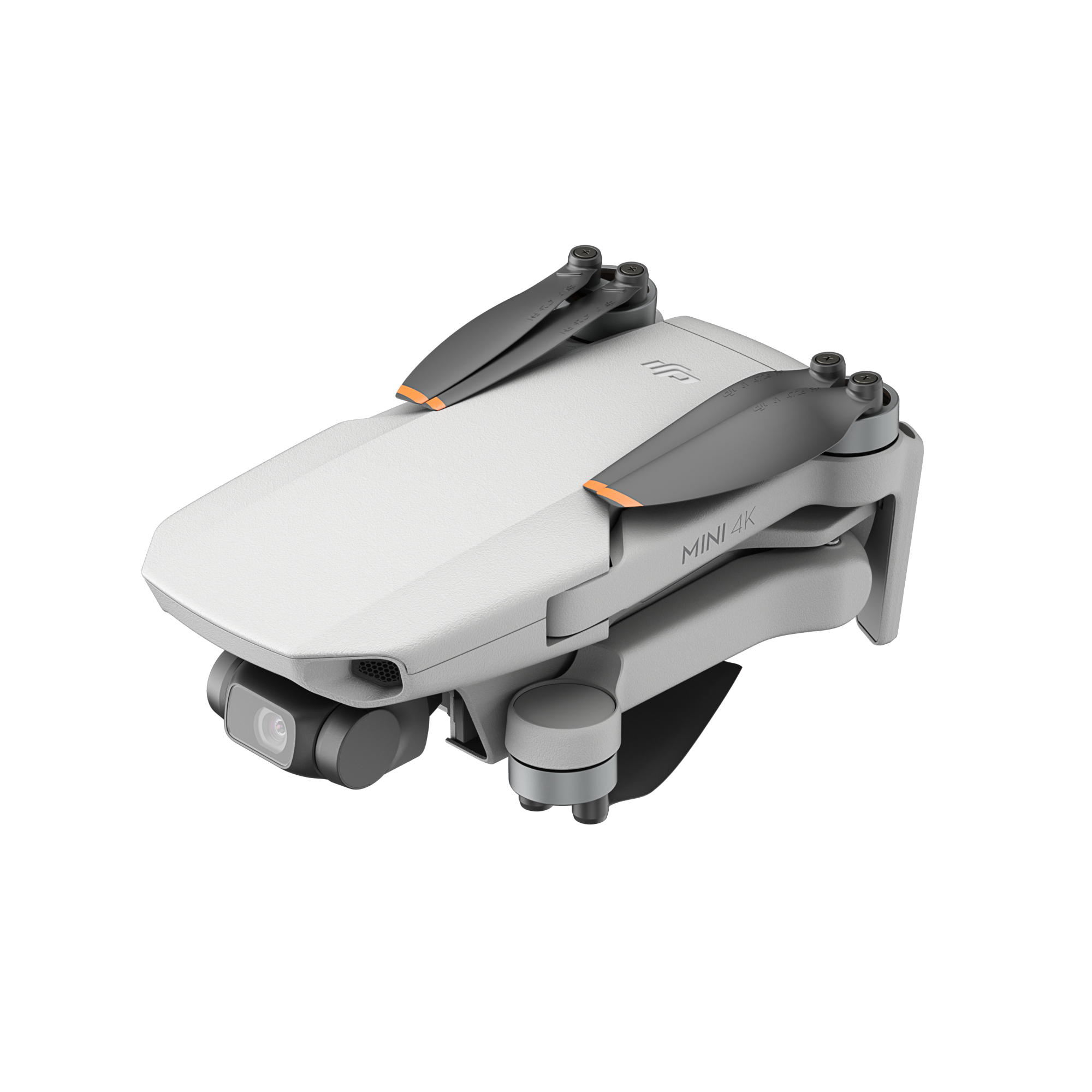 Mini 4K Drohne. Weißes und graues Gehäuse mit orangen Akzenten. Drei Propeller sichtbar.