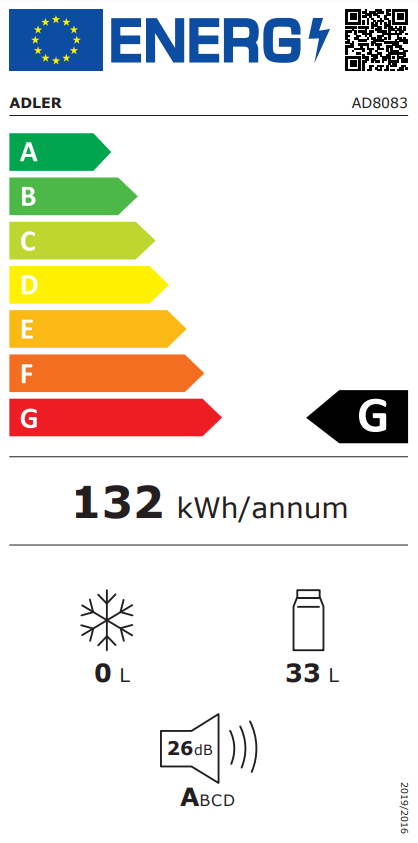 Hűtőszekrény energia címkéje, amely a G energiahatékonysági osztályt és egyéb részleteket mutatja.