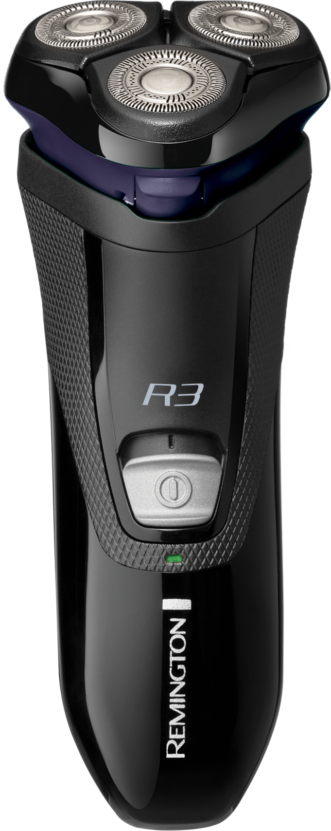Fekete elektromos borotva három fejjel, a Remington és R3 logókkal.