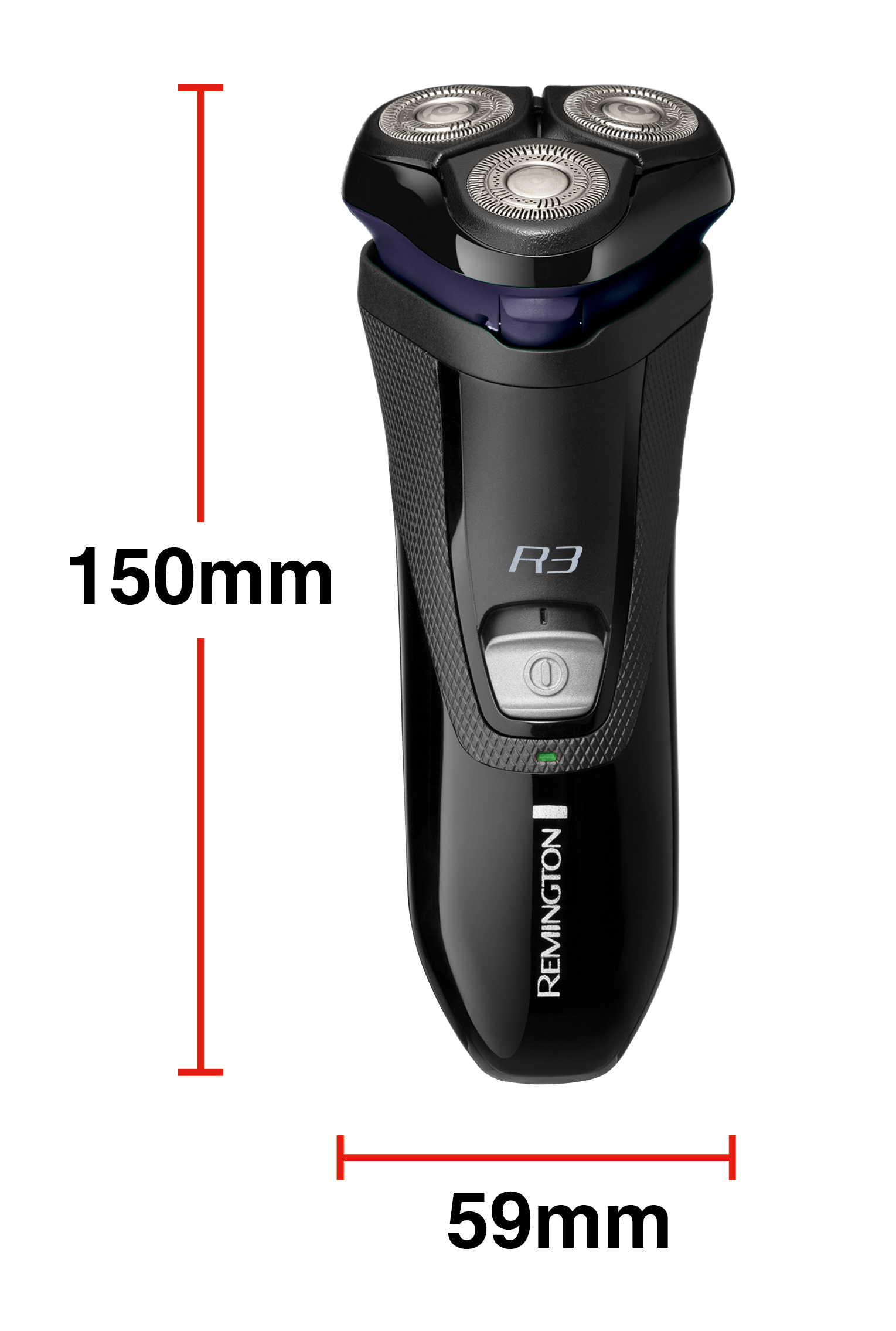 Fekete elektromos borotva, méretek: 150mm x 59mm.